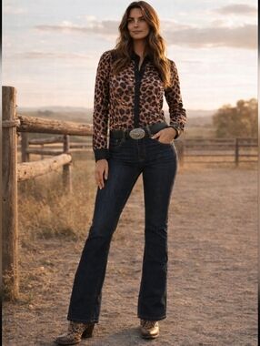 RANCH DRESS'N Fallon Taylor "Leopard & Black" Performance rodeo shirt sz 2XL NWT